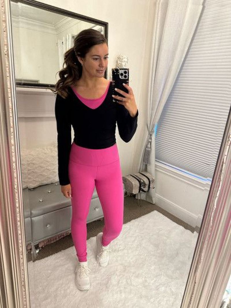 Black Long-Sleeve Top, Hot Pink Sports Bra, Matching Leggings, White Sneakers: high-rise,  women's pants,  active pants,  yoga pant,  lululemon yoga align high-rise leggings  