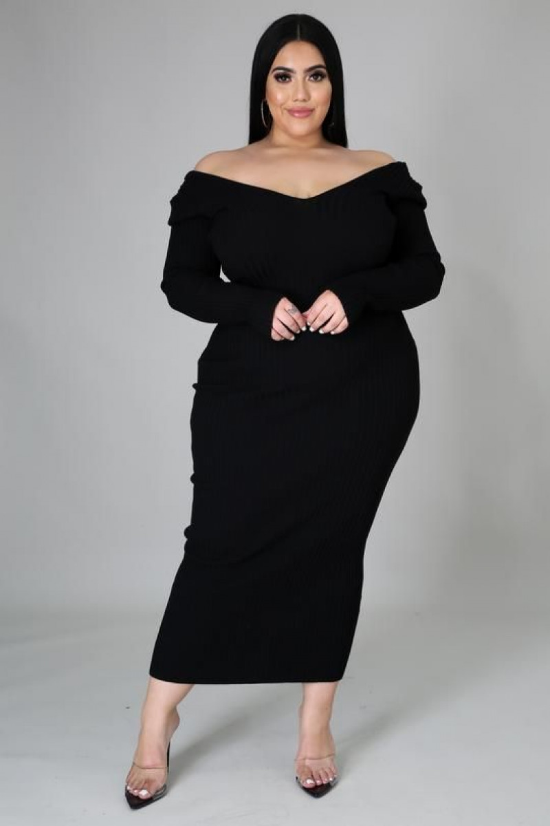 Black Off-Shoulder Ribbed Bodycon Midi Dress Enhancing The Curves for Dinner Dates: day dress,  plus size dress,  womens fashion,  little black dress,  sheath dress,  women's dress  