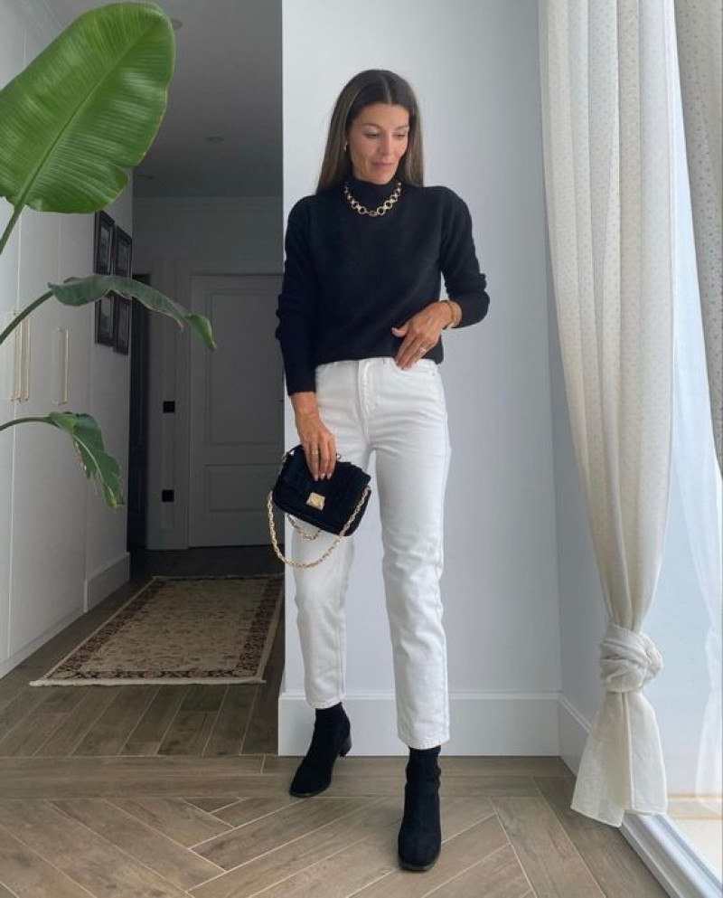 White Pants Black Boots Clothing Ideas With Black Sweater, Jeans.: 