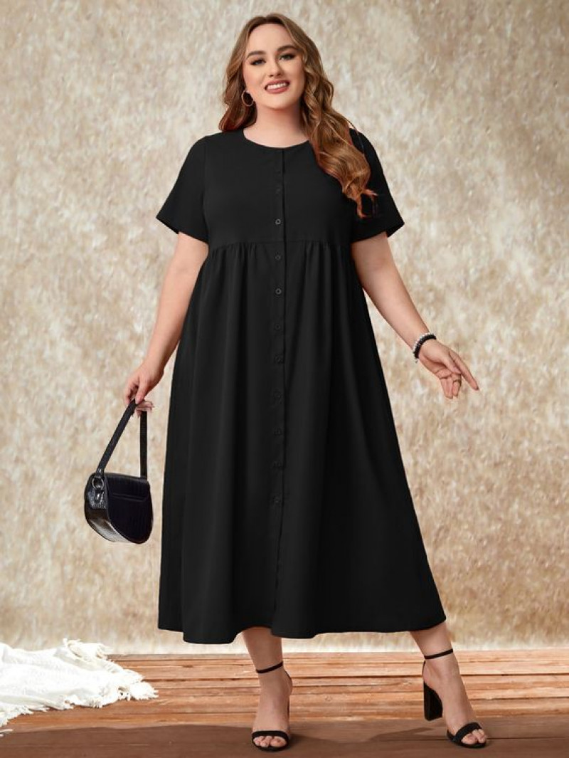 Causal Plus-Size Black Button-Front Midi Dress with Short Sleeves and Round Neck for Casual Outings: plus-size clothing,  day dress,  plus size dress,  little black dress,  cocktail dress,  formal wear,  cocktail dress m,  army green plus size v neck short sleeve maxi dress with slits  