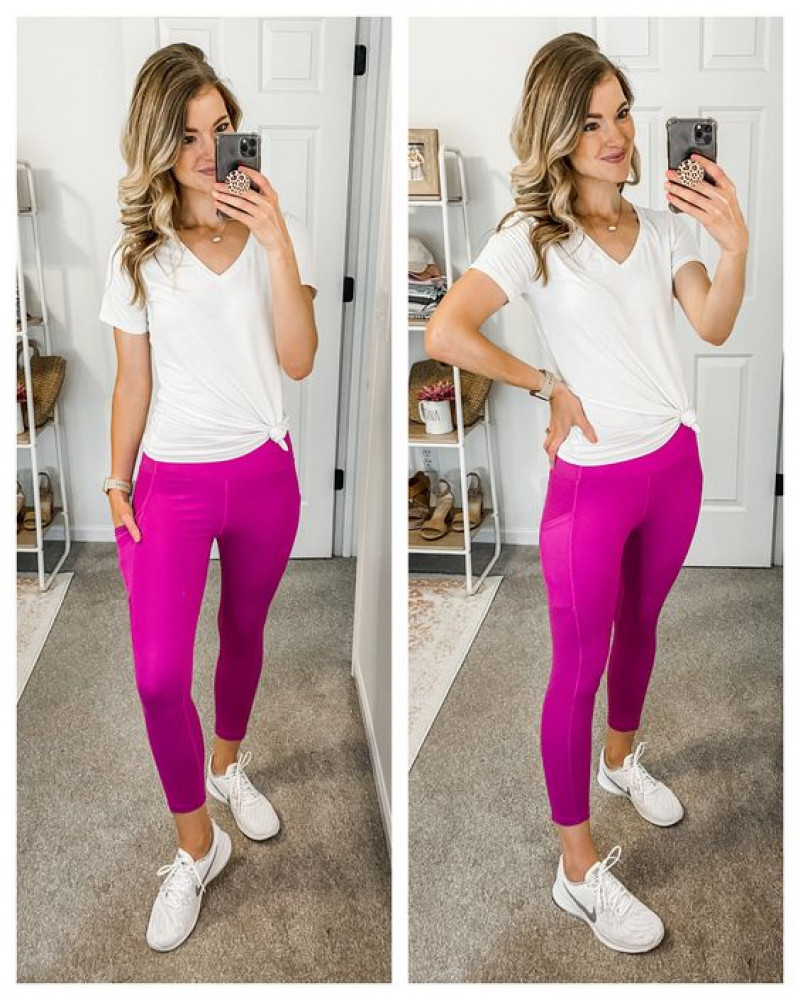 Bright Pink Leggings with a Classic White Tee, Ready To Hit Gym: high-rise,  yoga pant,  yoga pants for women,  workout leggings,  yoga pants,  sports bra,  seamless high waist  