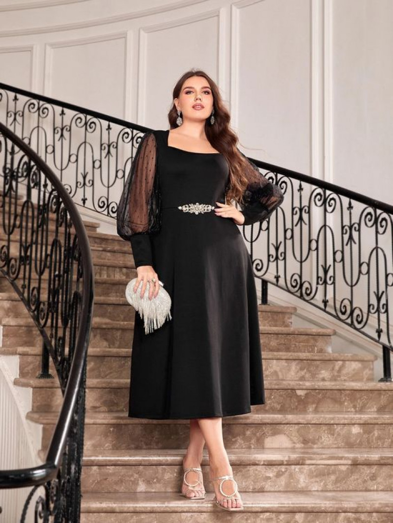Black A-Line Midi Dress with Sheer Sleeves and Embellished Waist for Gala Nights: women's clothing,  day dress,  little black dress,  party dress,  formal wear,  women's dress  