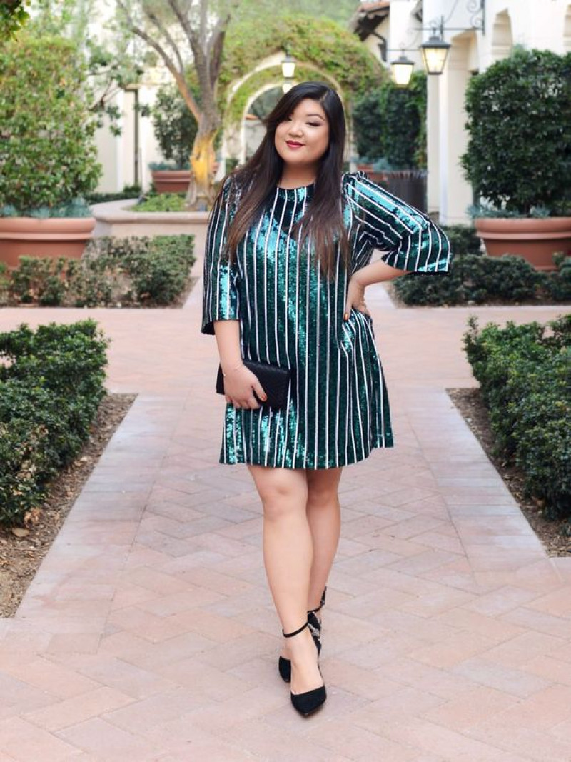 Urban Chic: Striped A-Line Dress with Classic Black Ankle-Strap Heels, Plus Size Party Outfit Ideas: plus-size clothing,  day dress,  plus size dress,  cocktail dress,  party dress,  plus size pink  