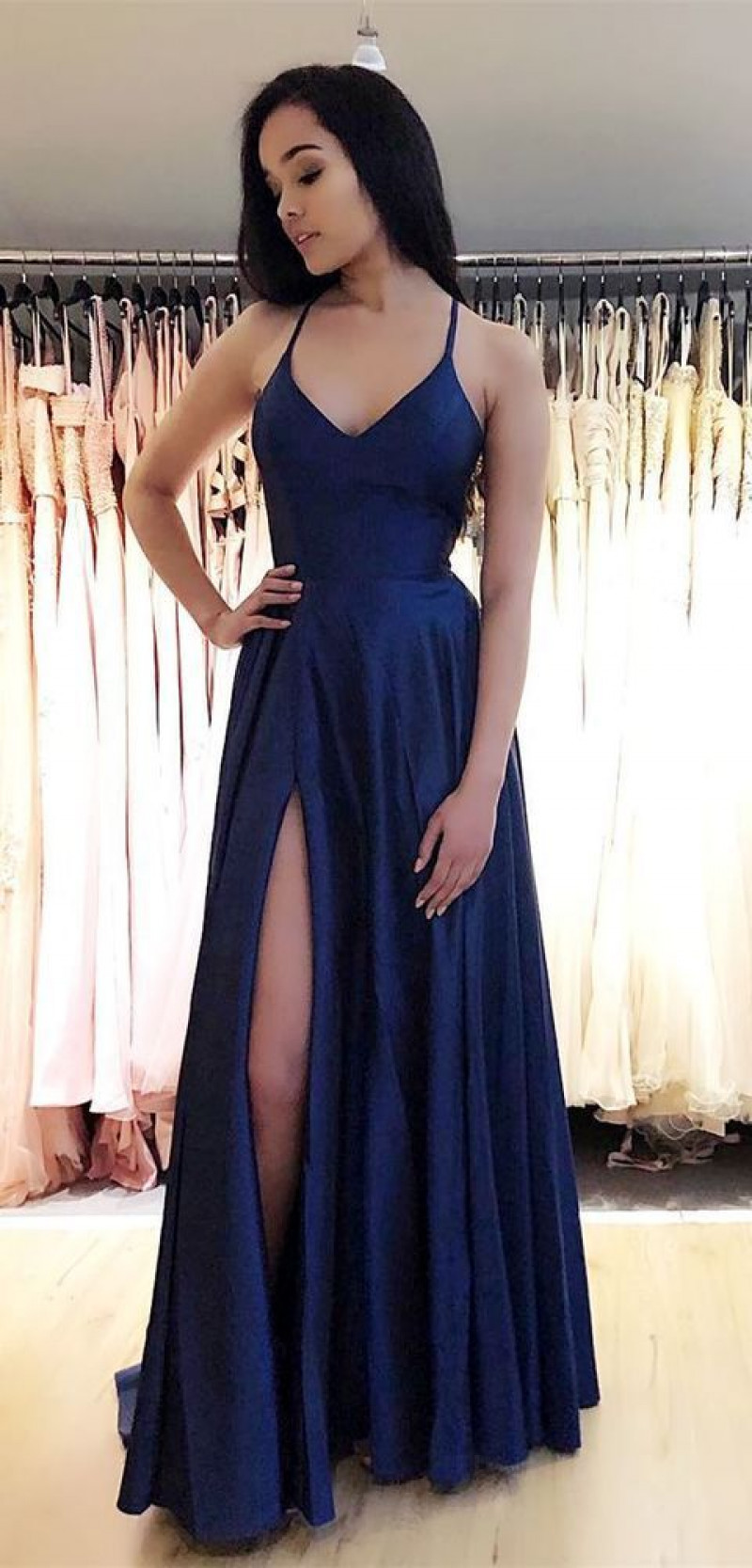 Navy Blue: The Ideal Prom and Graduation Ensemble - A Maxi Wrap Skirt Fit & Flare Gown: day dress,  cocktail dress,  prom dresses,  formal wear,  evening gown,  party gowns,  spaghetti strap  