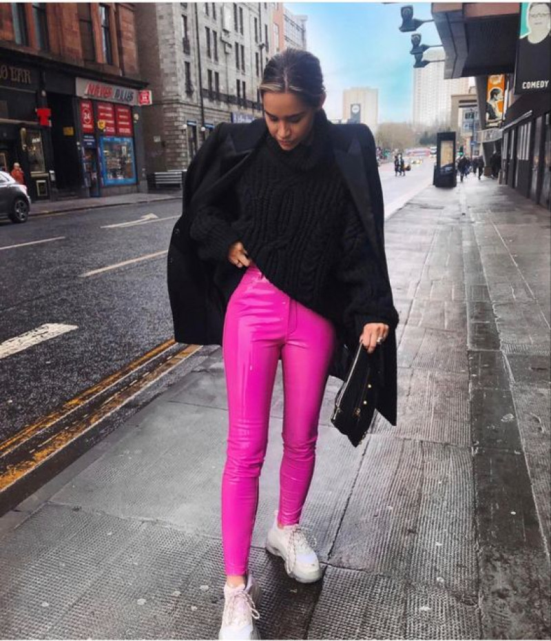 Black Cable Knit and Hot Pink Leggings With Black Wool Coat,Stylish Day Out Shopping: road surface,  celebrity pink  