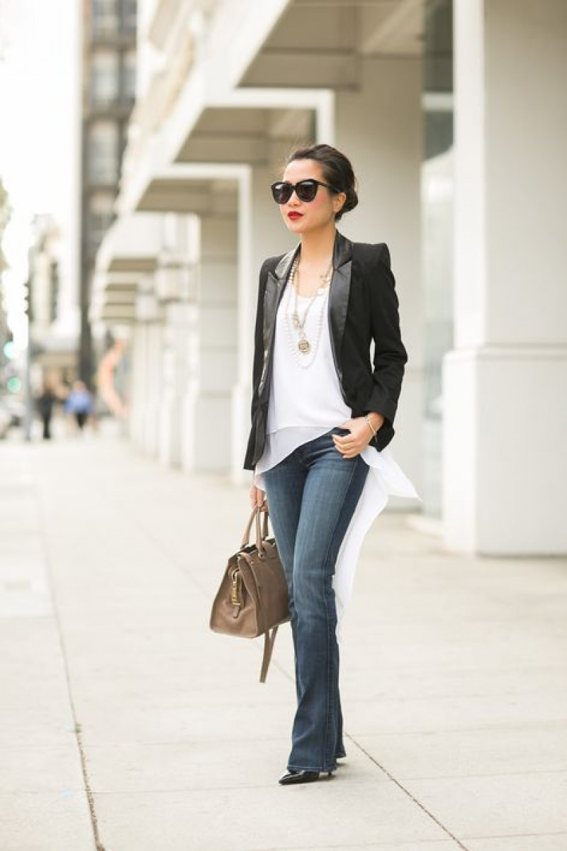 Dark Blue And Navy Bootcut Jeans Clothing Ideas With Black Blazer Outfit, Autumn Winter Brunch Outfits: bell-bottoms,  luggage and bags  