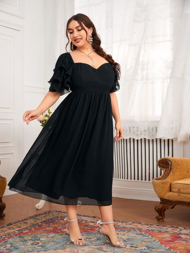 Black Square-Neck Midi Dress with Puff Sleeves for Evening Gatherings, Little Black Dress: day dress,  plus size dress,  little black dress,  cocktail dress,  party dress,  formal wear,  women's dress,  black maxi Dress,  silver formal sandal  