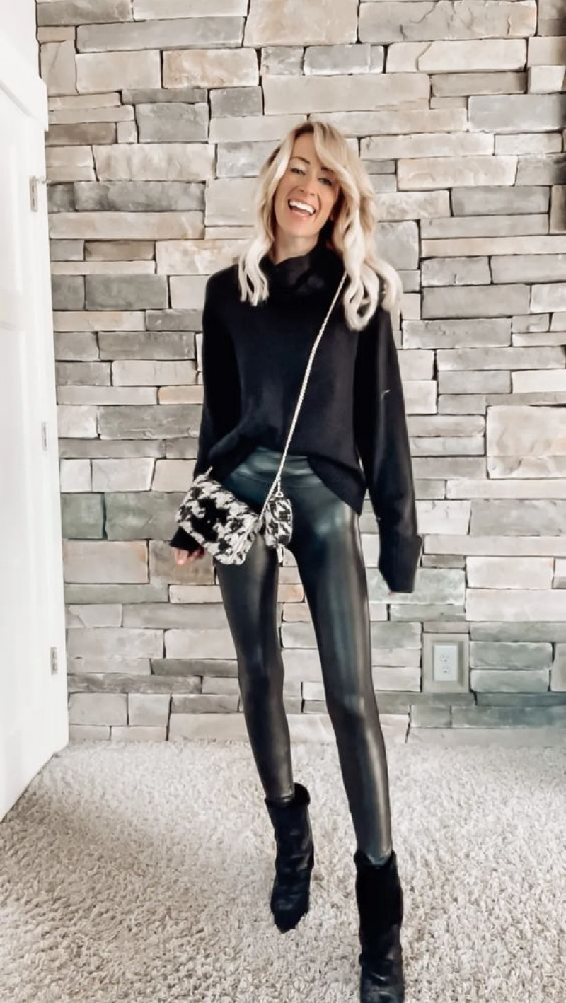 Black Sweater With Leather Trouser Concert Outfit, Rock The Concert: business casual,  spanx women's faux leather leggings,  spanx leather legging  
