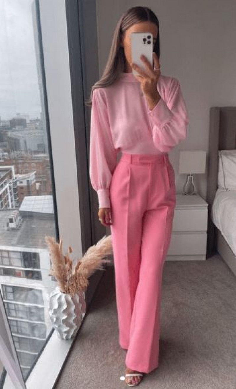Pink Blouse Business Casual Attires Ideas With Pink Leather Trouser | Cute Outfit 2023: high-rise,  wide-leg jeans  