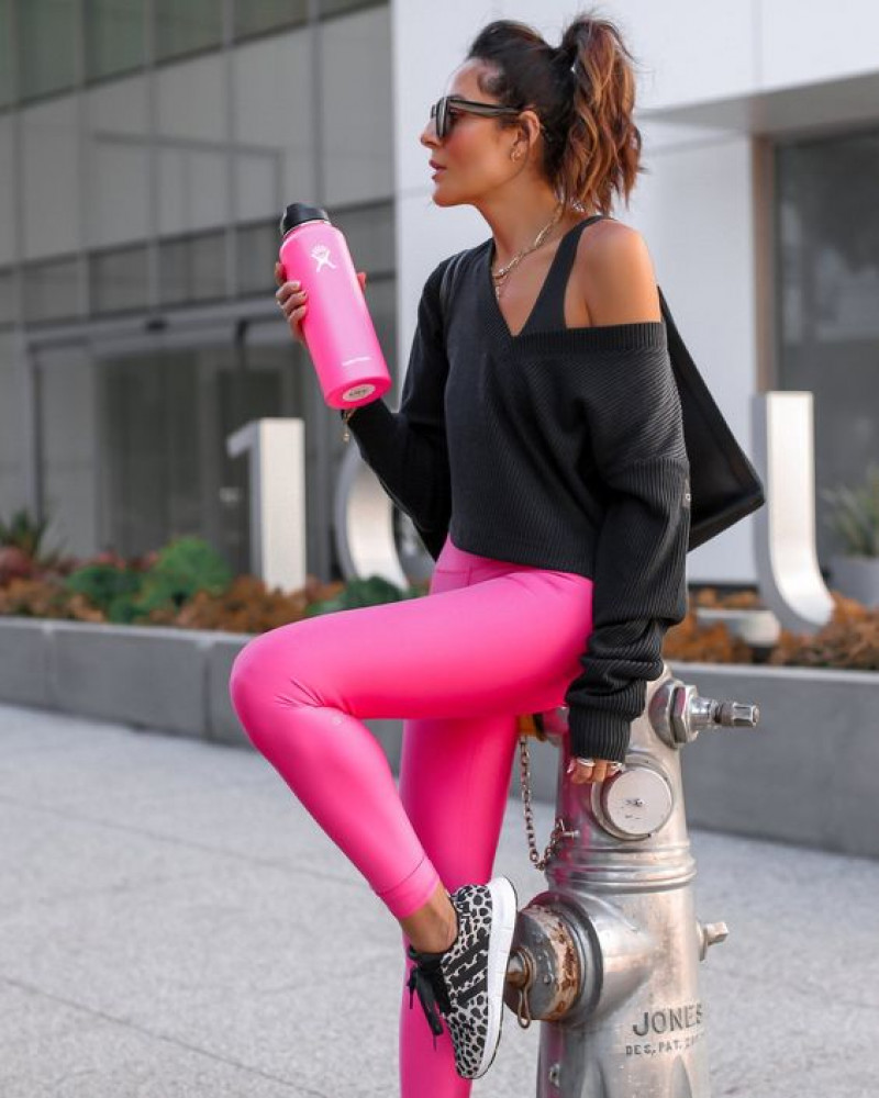 Off-shoulder Black Top, Pink Leggings, Leopard Print Sneakers, Casual coffee runs or stylish gym sessions: sleeveless shirt,  crop top,  active pants,  multicolor chelsea and ankle boot,  pink classic sock sock  