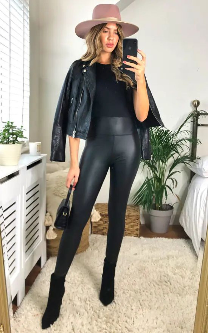 Black Casual Trouser Leather Leggings Concert Wardrobe Ideas With Black Biker Jacket, Leather Look Leggings: artificial leather,  high-rise,  window blind,  leather look high waisted legging,  black leather look pu leggings,  topshop wet look leggings  