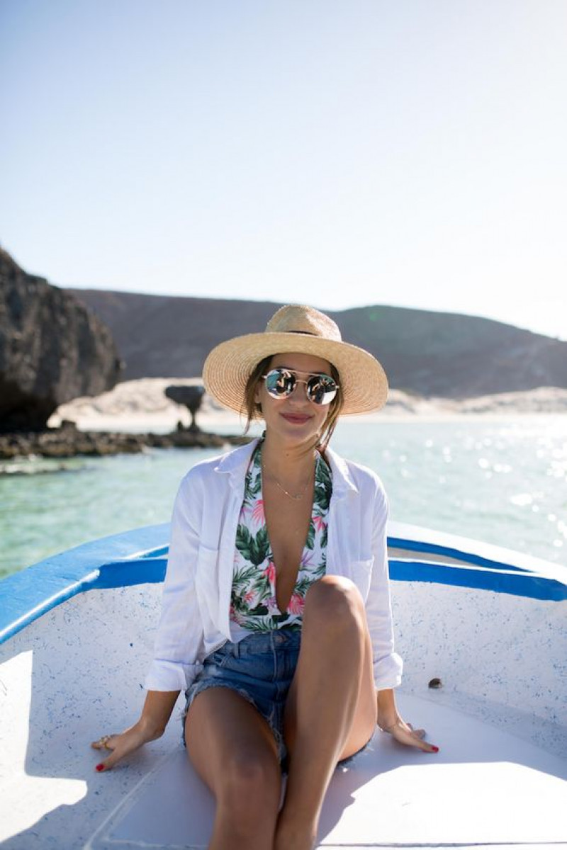 Straw Hat, Floral Swimsuit, White Cover-up, Denim Shorts, Perfect For Beach outings or casual summer boat trips: sun hat,  maxi dress  