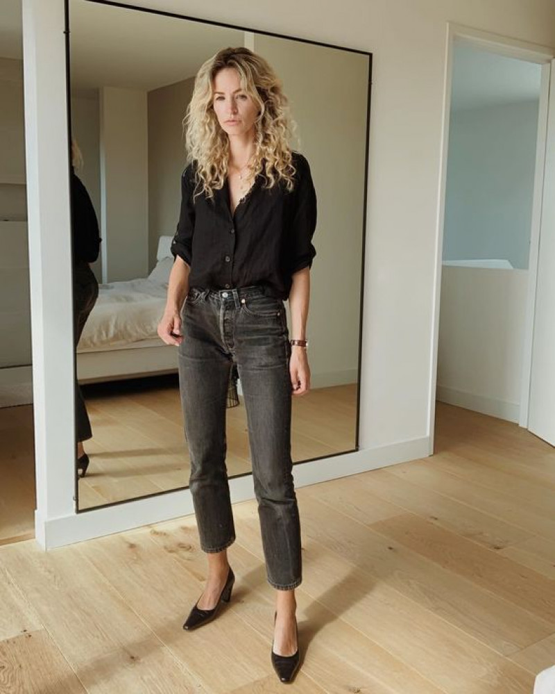 Black Shirt  Outfit Trends With Grey Jeans, Anouk Yve Instagram: little black dress,  street style,  laminate flooring,  anouk yve  
