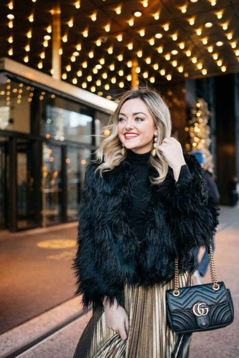 Black Winter Jacket  Fashion Trends With Golden Casual Skirt, Winter Outfits For Ladies: womens fashion,  party dress,  black hair,  winter clothing,  animal product  
