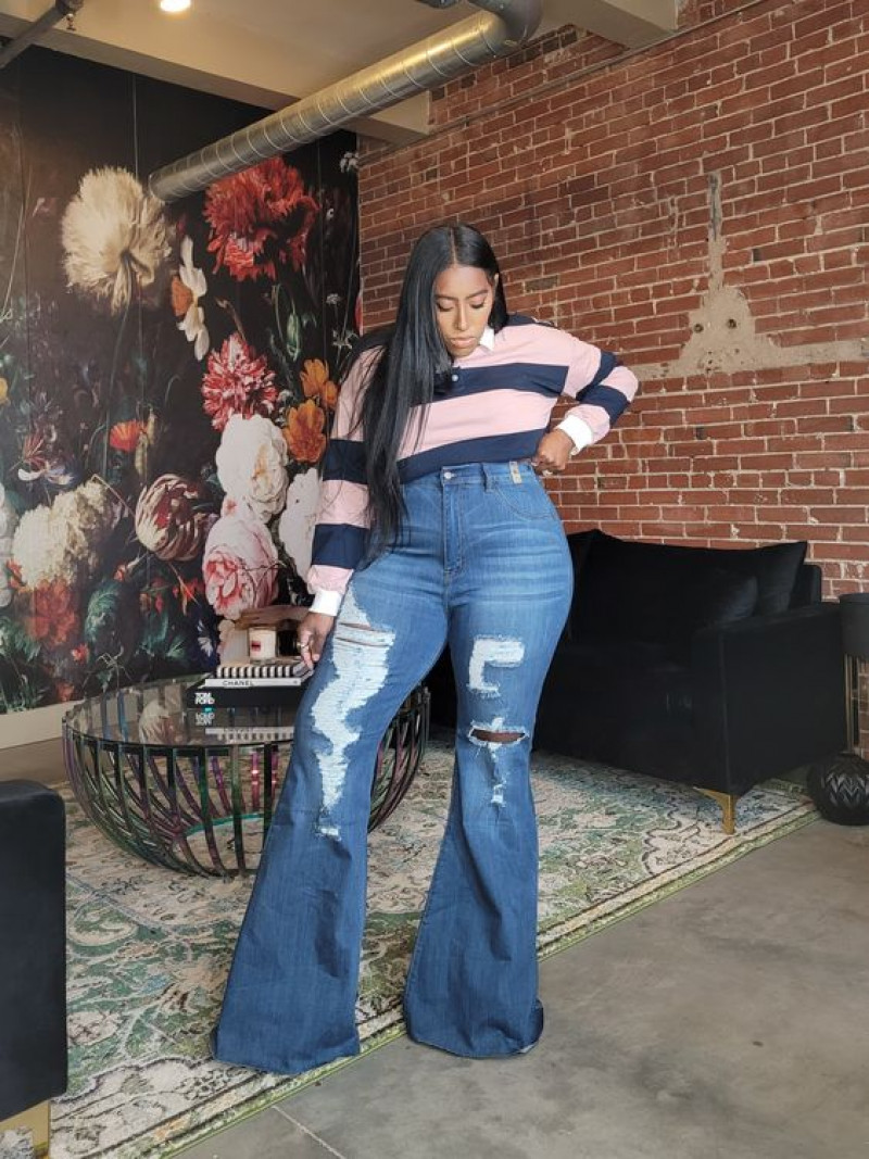 Plus Size Light Blue Casual Trouser: Bell Bottom Outfits with Denim Shirt and Jeans: bell-bottoms,  electric blue,  luggage and bags  