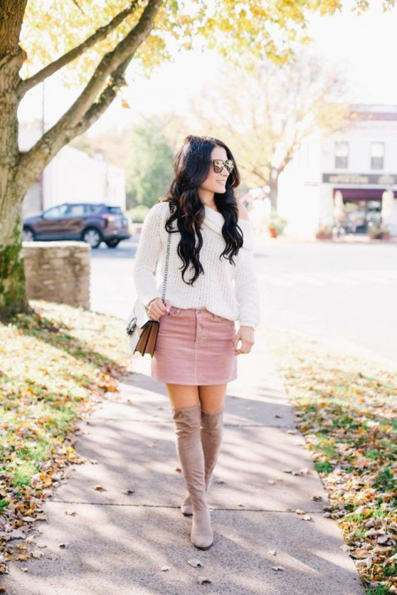 Style a Corduroy Skirt This Autumn Winter 2023 |  Pink Corduroy Skirt With Beige Sweater: leather skirt,  winter clothing,  over-the-knee boot  