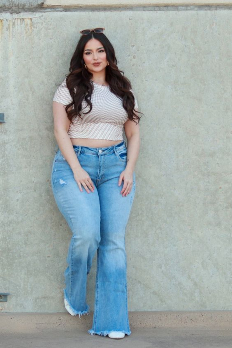 White Cropped Blouse Curvy Teenage Ideas With Light Blue Casual Trouser: plus-size clothing,  high-rise,  wide-leg jeans,  bell-bottoms,  plus size mid wash flare jeans  