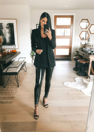 Chic inspire with blazer, leather, leggings: black hair,  picture frame  