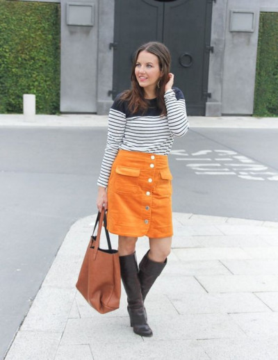 Orange adorable looks with skirt, tartan: leather skirt,  luggage and bags,  gray jeans  