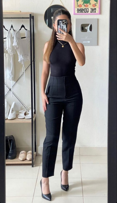 Outfit pantalon pinzas negro, women's clothing: women's clothing,  high-rise,  women's pants,  pantalón negro ajustado pinzas  