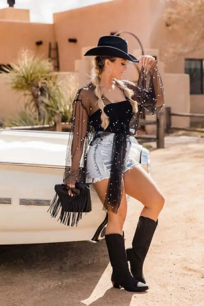 Clothing chic with fedora, shorts: sun hat,  saddle up & ride,  tube top  