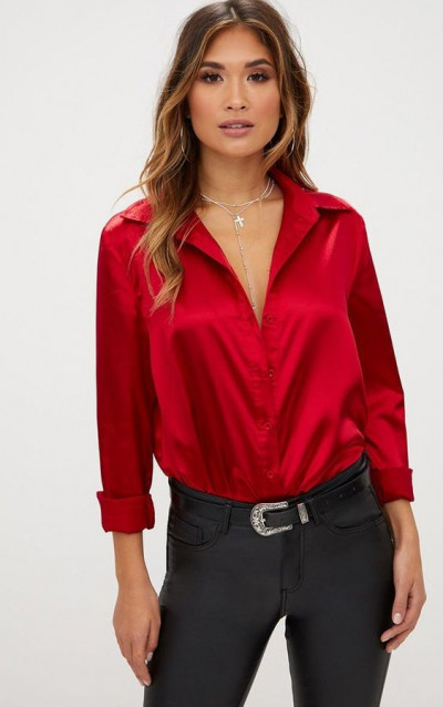 Chic fashion red satin shirt, t-shirt: red blouse,  black jeans,  red and black,  red blouse and black jeans  