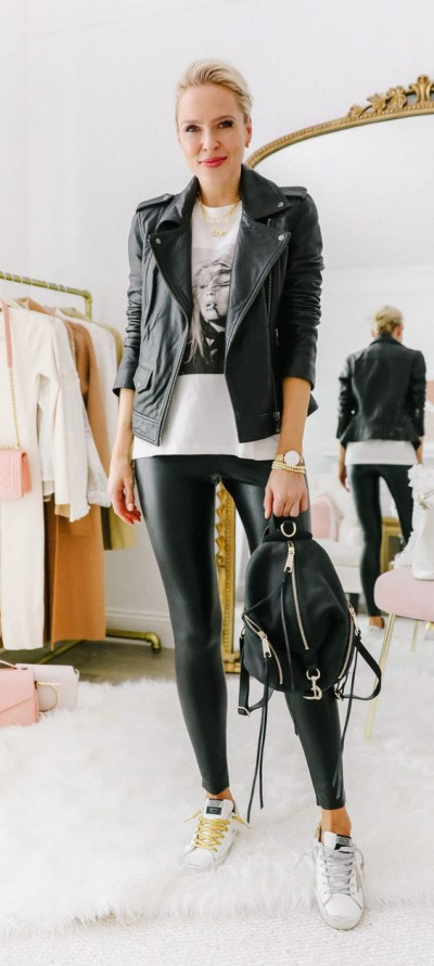 Black and white attire inspire with leather, leggings, leather jacket: womens fashion,  grey and grey,  leather jacket,  grey sportswear legging,  grey biker jacket,  multicolor sneaker,  grey biker jacket and grey sportswear legging  