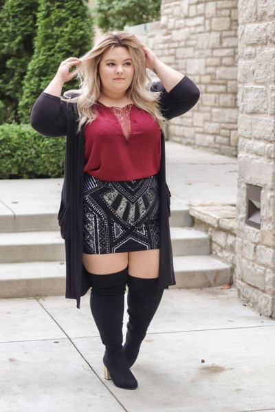 Knee high boots and skirt plus size: plus-size clothing,  plus size skirt,  leather jacket,  thigh-high boot,  knee-high boot,  over-the-knee boot,  plus size sweater  